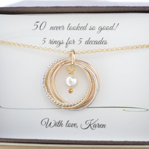 50th Birthday gift for women,  Mixed metal interlocking rings, June Birthstone necklace, 50th Birthday jewelry, 5th Anniversary gifts for he