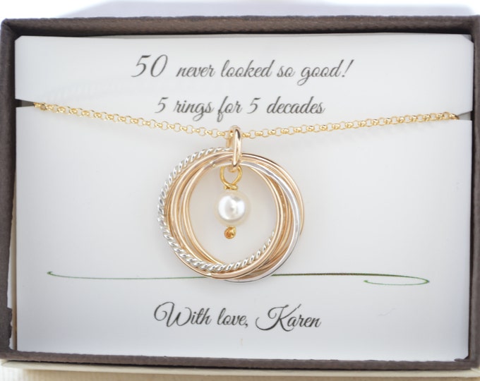 50th Birthday gift for women,  Mixed metal interlocking rings, June Birthstone necklace, 50th Birthday jewelry, 5th Anniversary gifts for he