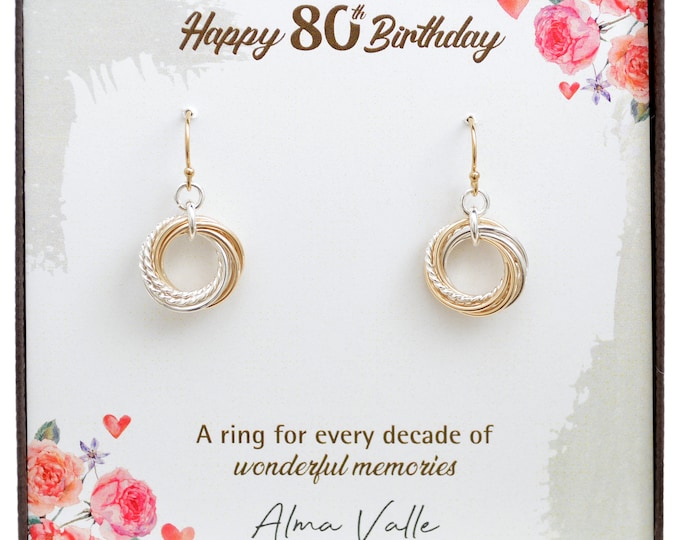 80th Birthday, Eight rings earrings, 80th Birthday gift for grandma, 8th Anniversary gift for women, Mixed metal earrings, Gold earrings