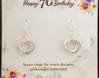 70 Birthday gift for mom, 7 interlocking rings, Circle rings, Small earrings, 7th Anniversary gift, Silver rings, 70 Birthday for mother