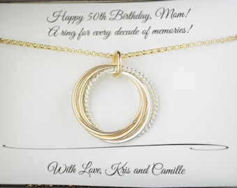 Regalo per il 50° compleanno per le donne, regalo per il 5° anniversario, regalo per la mamma, regalo per il 50° compleanno per lei, 5 anelli per 5 decadi, collana in oro per il 50° compleanno