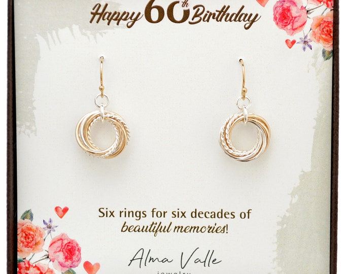 60th Birthday Gift for Women, 6 Rings Earrings, Mixed Metal Earrings, 6th Anniversary Gift, 60th Birthday Jewelry for Mom, 6 Decades Gift