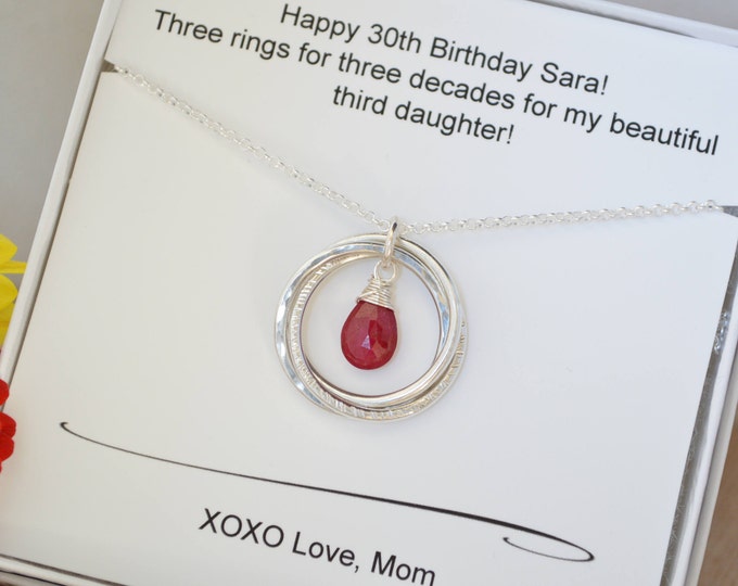 30th Birthday gift for daughter, July birthstone jewelry, 3rd Anniversary gift for her, Ruby quartz necklace, 3 Rings for 3 decades necklace