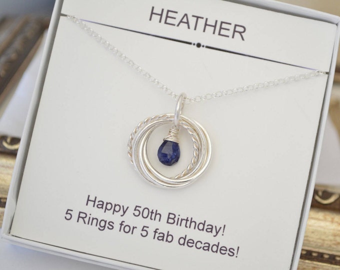 September birthstone jewelry, Blue sapphire necklace, 5 Interlocking rings necklace,Gift for wife,50th Birthday gift for mom,5 best friends