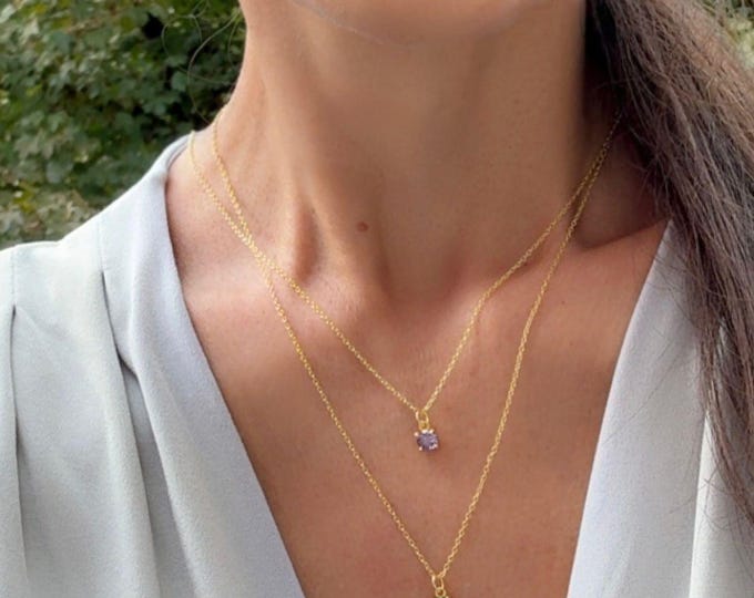 Custom Dainty Birthstone Necklace, 18K Gold Diamond Necklace, Personalized Birthday Gift for Her, Minimalist Gemstone Necklace, Bridesmaid