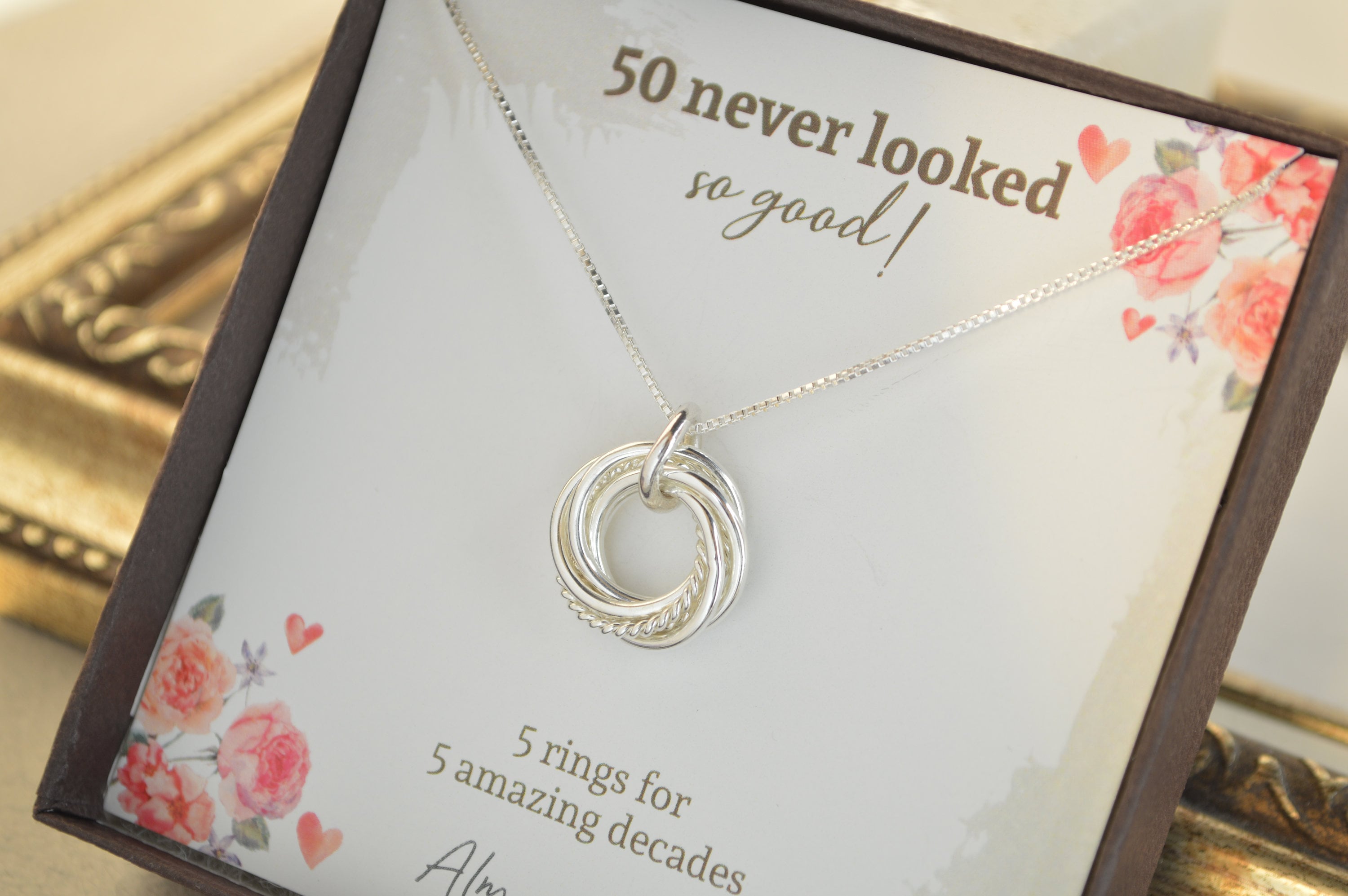 50th Birthday jewelry for women, 5 Rings necklace, 50th ...