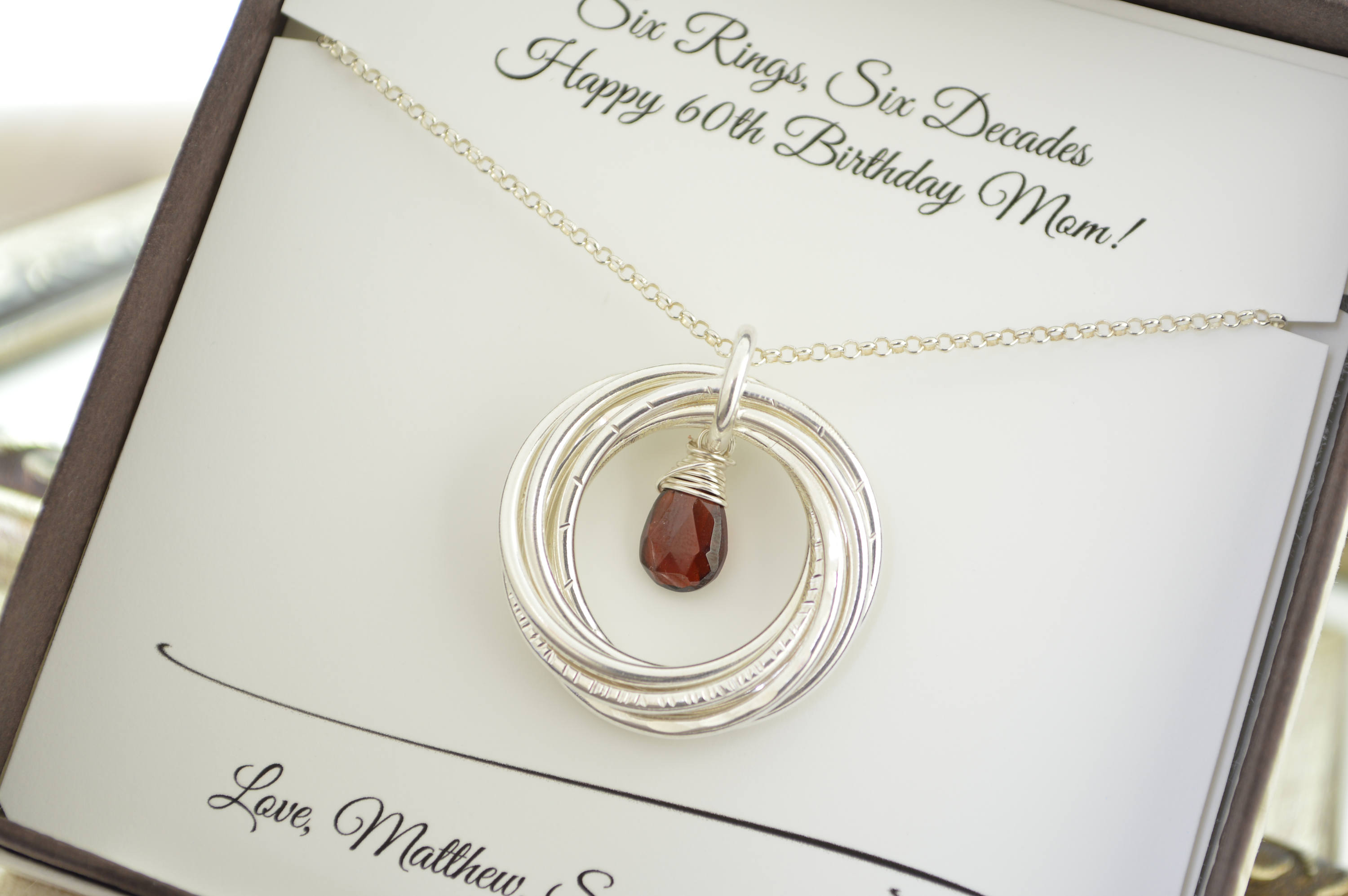 60th Birthday Gift for Women 6 Rings Necklace 6th Anniversary Gift for Her January Birthstone Jewelry Garnet Necklace 60th for Mom