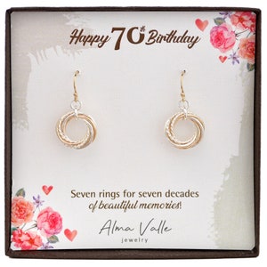 Regalo de 70 cumpleaños para mamá, pendientes de metal mixto de 7 anillos, joyas de 70 cumpleaños para mujeres, pequeños pendientes entrelazados, regalo de aniversario