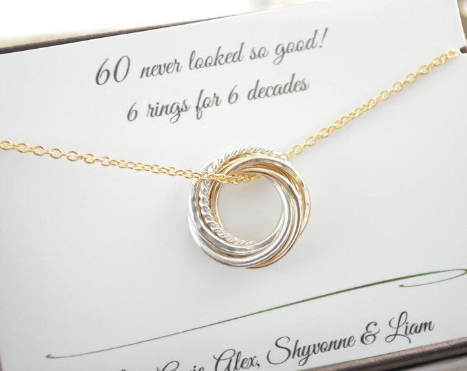 60th Birthday gift for mom, 6 Mixed metals rings, 6th Anniversary gift, Petite necklace, 60th for women, Milestone jewelry, Birthday gift