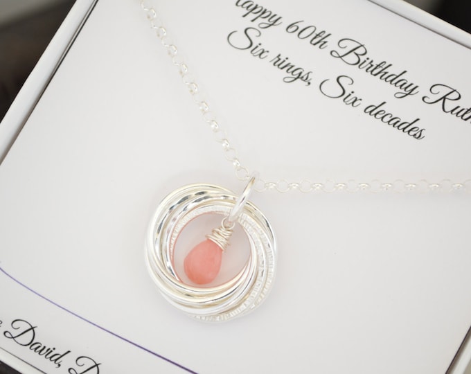 Pink opal necklace, October birthstone necklace, 60th Birthday gift for mom, 6th Anniversary gift, 60th Birthday jewelry for mother, 6 Rings