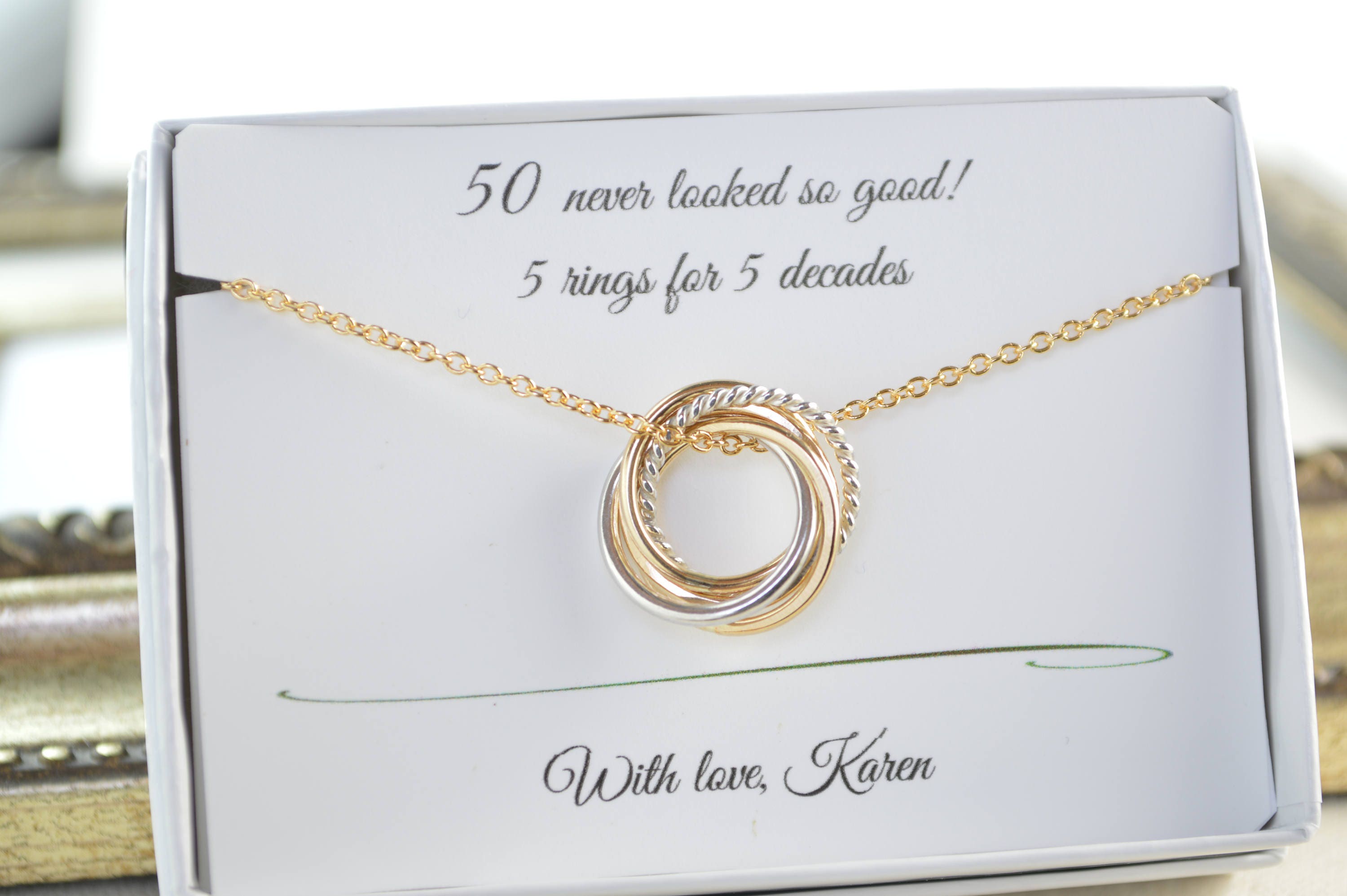 50th Birthday gift for women, Petite rings necklace, 5th ...