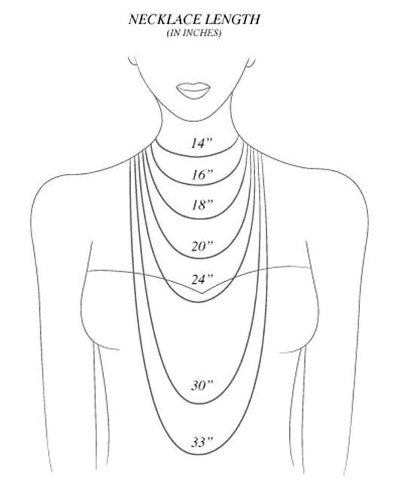 May include: A line drawing of a person's neck and shoulders with different necklace lengths marked in inches. The lengths are 14 inches, 16 inches, 18 inches, 20 inches, 24 inches, 30 inches, and 33 inches.