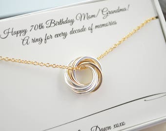 Petite necklace, 70th Birthday gif for mom, 70th Birthday necklace,7th Anniversary gift, 70th Birthday gift for women, 7 Rings for 7 decades