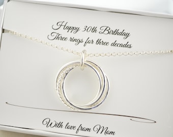 30th Birthday gift for her, 3 Decades necklace, 30th Birthday gift for daughter, 30rd Anniversary gift,Milestone gifts, 3 Rings necklace