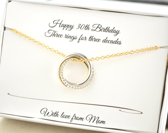 30th Birthday necklace gift for her, 30th Birthday jewelry, 3 Rings for 3 decades gold necklace, Personalized 30th gift idea for daughter