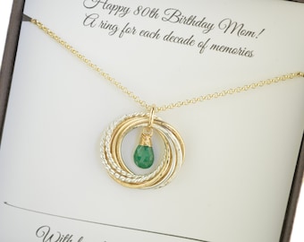 80th Birthday gift for mom, 8 Mixed metal rings necklace, 8th Anniversary gift for women, May birthstone necklace, Gold emerald necklace