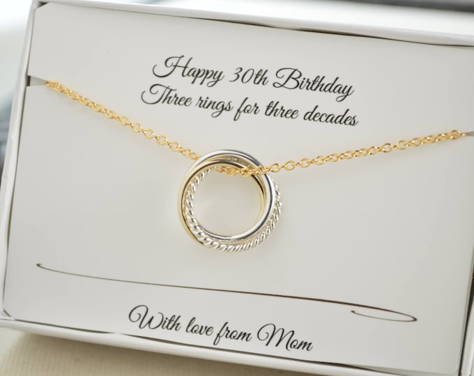 30th Birthday gift for daughter, 30th Birthday jewelry, 3 Rings for 3 decades necklace, 3rd Anniversary gift, 3 Sisters necklace
