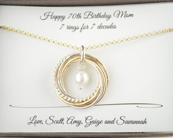 70th Birthday gift for mom, 7 Anniversary gift, 7  Mixed metal necklace, June Birthstone necklace, Gold pearl necklace, Birthstone necklace
