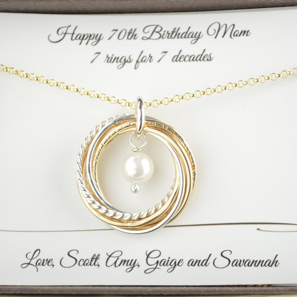 70th Birthday gift for mom, 7 Anniversary gift, 7  Mixed metal necklace, June Birthstone necklace, Gold pearl necklace, Birthstone necklace