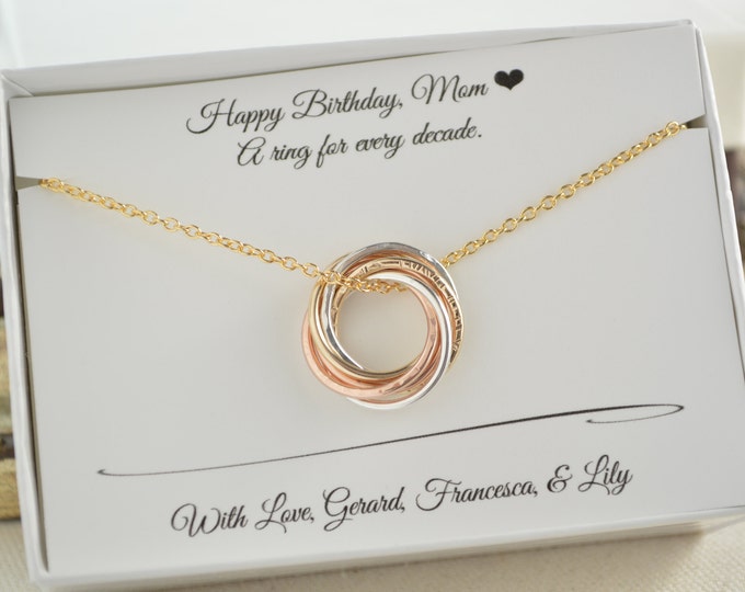 60th Birthday jewelry for mom, Mixed metals necklace, Rose gold necklace, 60th Birthday gift for women, 6 Rings for 6 decades necklace