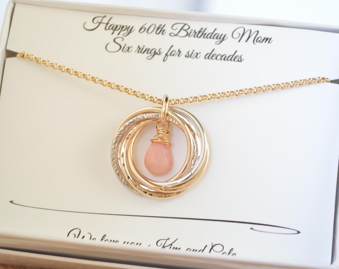 60th Birthday gifts for mom, 6 Rings necklace, 6th Anniversary gift, 60 Decade jewelry, Pink opal necklace, 60 Birthday jewelry for women