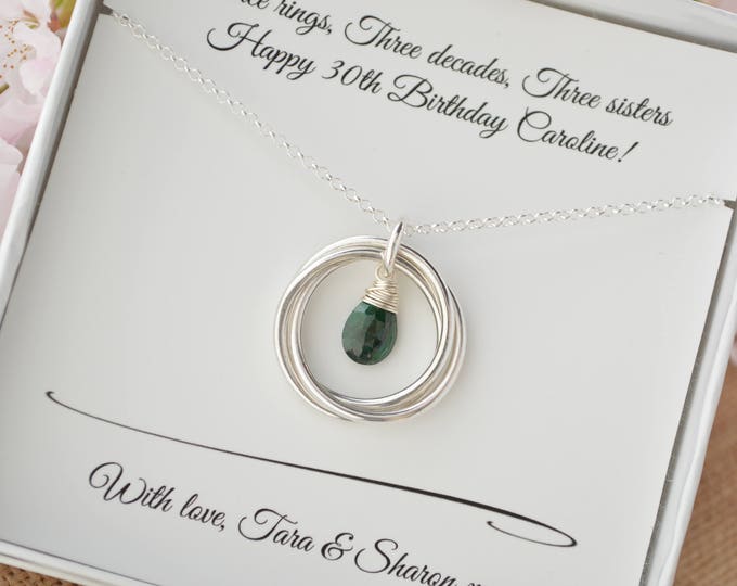 30th Birthday gift for her, 3 Interlocking circles necklace, 3 Sisters necklace, May birthstone necklace, Sister jewelry, Best friend neck