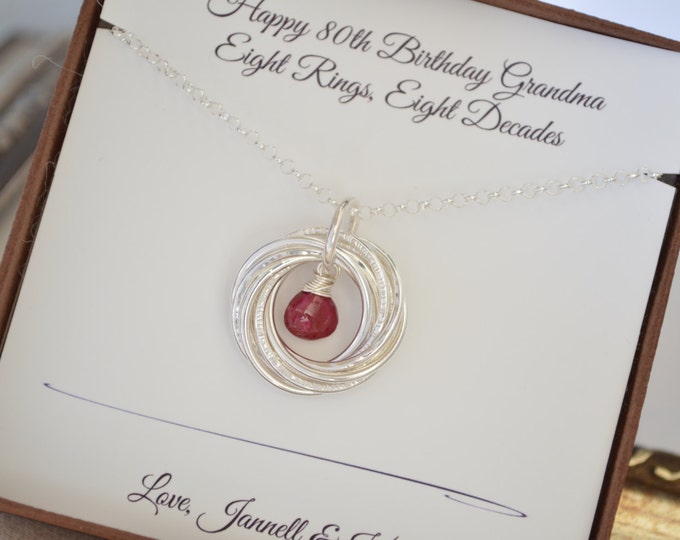 80th Birthday gift for grandma, 8th Anniversary gift, 80th Birthday jewelry for mom,  July birthstone jewelry, 8 Rings for 8 decades