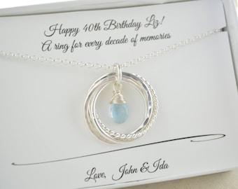 40th Birthday gift for women, Birthstone jewelry, Aquamarine birthstone necklace, 40th birthday necklace, 4 Rings for 4 decades necklace