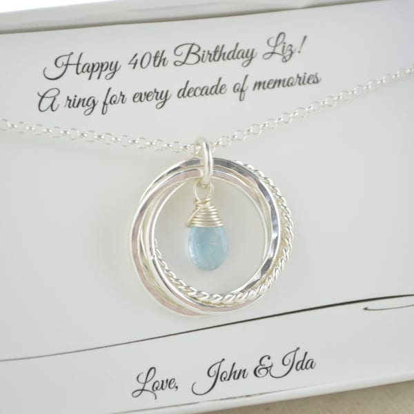 40th Birthday gift for women, Birthstone jewelry, Aquamarine birthstone necklace, 40th birthday necklace, 4 Rings for 4 decades necklace