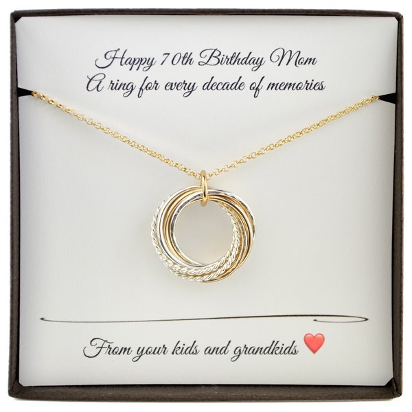 Cadeau du 70e anniversaire pour maman, 7 bagues en métaux mélangés, cadeau du 7e anniversaire pour elle, cadeau du 70e anniversaire pour femme, collier du 70e anniversaire