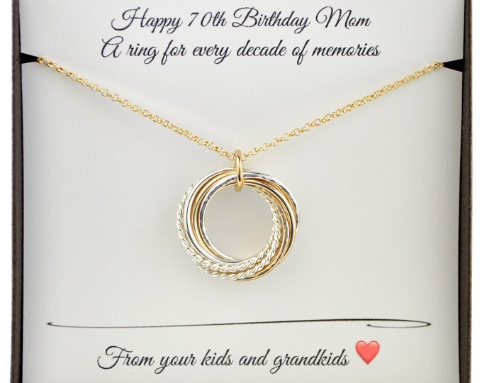 70th Birthday gift for mom, 7 Mixed metals rings, 7th Anniversary gift for her, 70th Birthday gift for women, 70th Birthday necklace