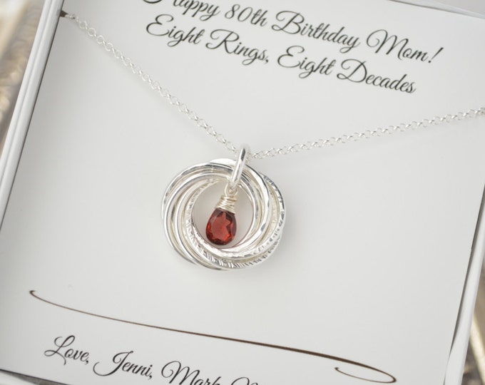 80th Birthday gift for mom,  Garnet birthstone necklace, 80th Gifts for women, 8th Anniversary gift, 8 Rings for 8 decades necklace