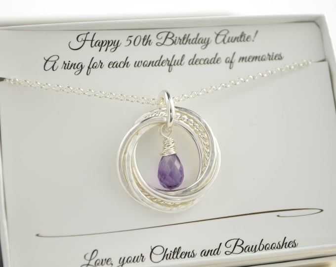 50th Birthday gift for mom, 5 Interlocking rings necklace, Amethyst birthstone necklace, February gemstone jewelry, 5 Best friends gift