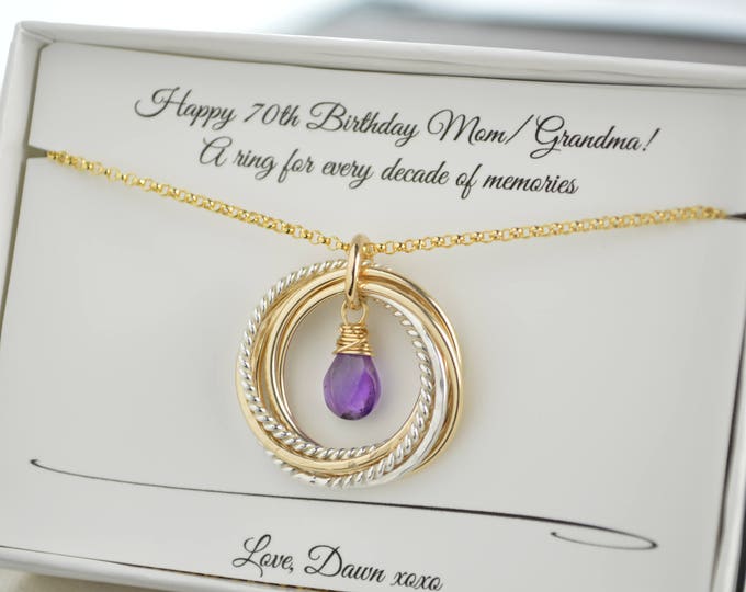 70th Birthday necklace gift for mom and grandma, 7 Rings necklace, February birthstone necklace, 7 Mixed metals necklace, 7th Anniversary