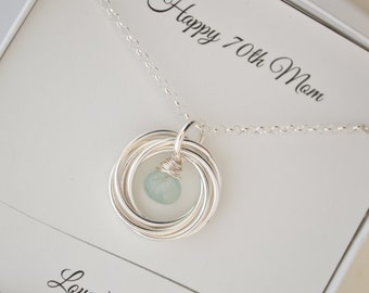 70th Birthday gift for women, 7 Rings 7 decades, March birthstone necklace, 70th Birthday gift , Aquamarine necklace, 7 Anniversary gift