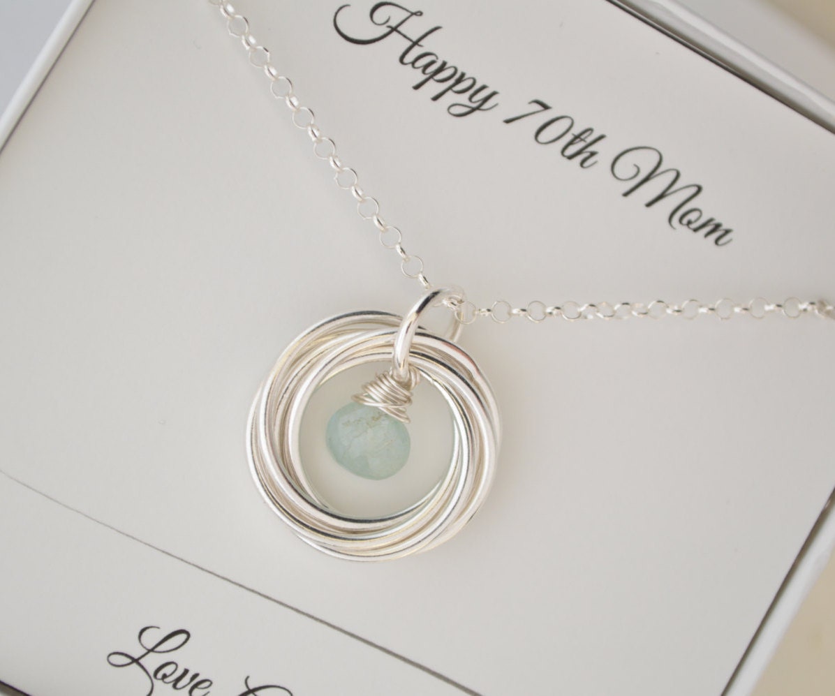 70th Birthday gift for women 7 Rings 7 decades March birthstone necklace 70th Birthday gift Aquamarine necklace 7 Anniversary gift