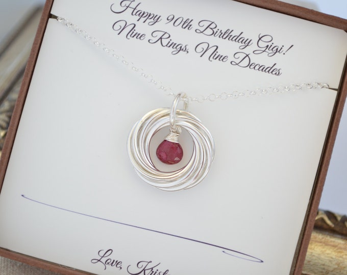 90th Birthday gift for mom, Ruby birthstone necklace, 9th Anniversary gift for women, Family of nine, Gift for grandma, Gift for mom,9 Rings