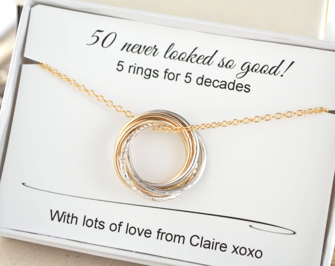 50th Birthday gift for women, 5 Rings 5 decades necklace, 50th Birthday for her, 5th Anniversary gift for wife, 50th Birthday ideas sister
