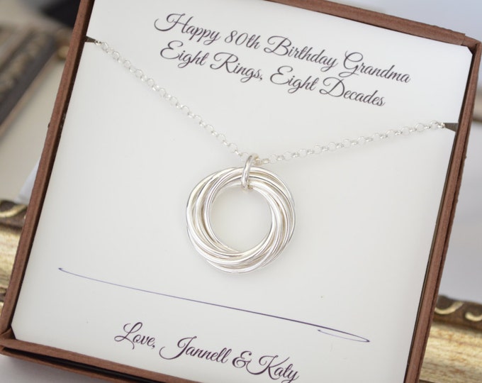 80th Birthday jewelry, 80th Birthday gift for women, 8 Rings for 8 decades necklace, 8th Anniversary gift, 80th Birthday gift for grandma