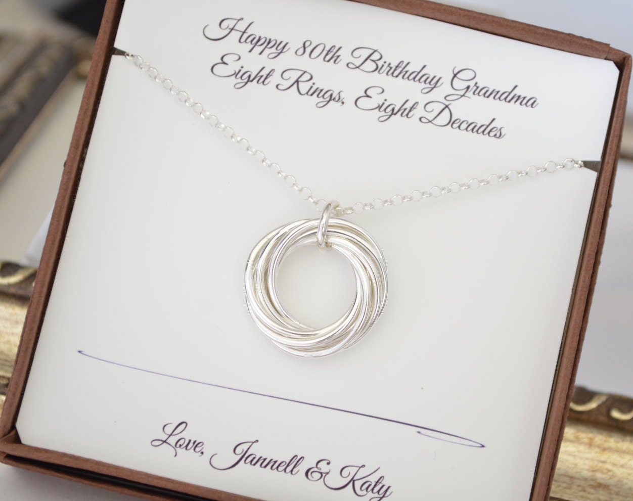 80th Birthday jewelry, 80th Birthday gift for women, 8 Rings for 8 decades  necklace, 8th Anniversary gift, 80th Birthday gift for grandma