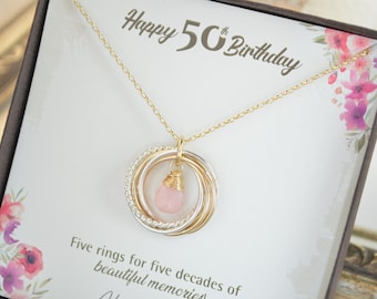 Joias de 50º aniversário para mulheres, colar de 5 décadas, colar de 50º aniversário, presentes de 50º aniversário para mãe, colar de 5 anéis, pescoço de opala rosa