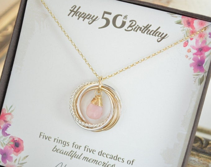 50th Birthday jewelry for women, 5 Decades necklace, 50th Birthday necklace, 50th Birthday gifts for mom, 5 Rings necklace, Pink opal neck