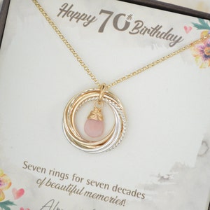 70 Birthday jewelry for mom, Birthstone jewelry, Mixed metal necklace, 70 Decades necklace, 7 Rings  for 7 decades gift, 70th Birthday gift