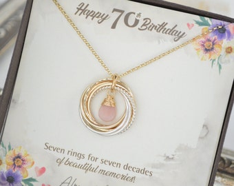 70 Birthday jewelry for mom, Birthstone jewelry, Mixed metal necklace, 70 Decades necklace, 7 Rings  for 7 decades gift, 70th Birthday gift