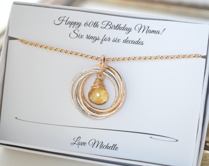 60th Birthday gift for mom, 6 Rings necklace, Gold and Silver necklace, Citrine necklace, November birthstone jewelry, 60th Birthday gifts