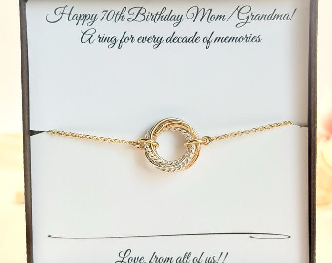 70th Birthday Gift Bracelet, 70th Birthday Gift for Mom, 7 Rings 7 Decades, Gold and Silver Bracelet for Mum, Anniversary Birthday Gift