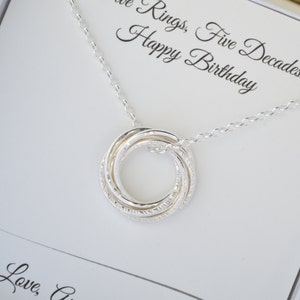 50th Birthday jewelry for women, 50th Birthday gift for women, 5th Anniversary gift for her, 5  Decade necklace, 5 Rings necklace, Milestone