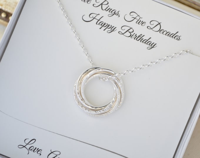 50th Birthday jewelry for women, 50th Birthday gift for women, 5th Anniversary gift for her, 5  Decade necklace, 5 Rings necklace, Milestone