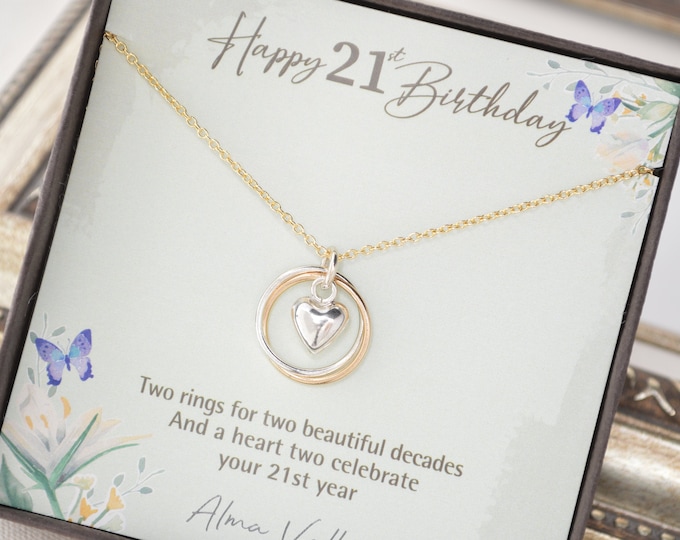 21st Birthday gift for daughter, 21 Years old necklace, 2 Rings necklace, Mixed metals rings, Petite necklace, 21st Birthday jewelry