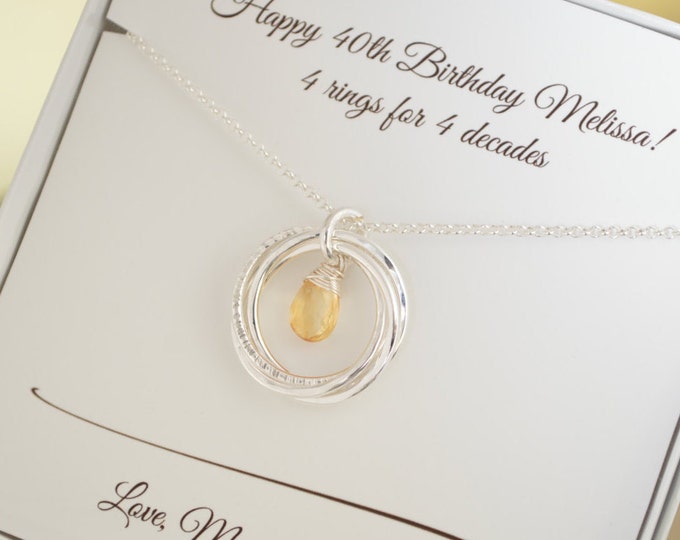 40th Birthday gift for women, Birthstone jewelry, 40th Birthday jewelry, 4th Anniversary gift, 4 Rings for decades necklace, Citrine neck